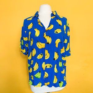 Vintage Blue Banana Print Button Down